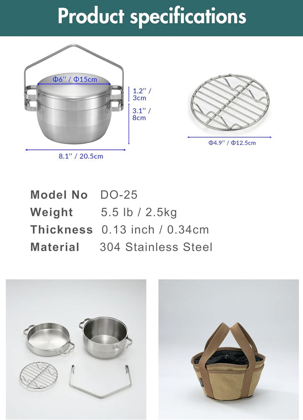 CAMPINGMOON 1.5 Quart Stainless Steel Dutch Oven 6-Inch 2 in 1 Skillet Lid Solo Camping Cookware Set DO-256
