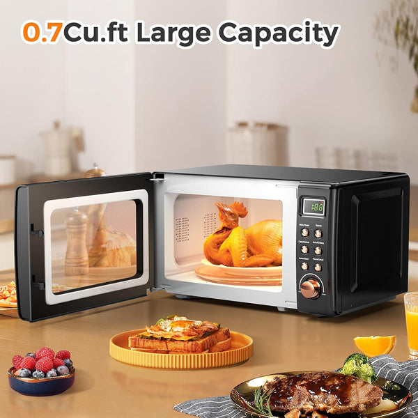 Retro Microwave 0.7Cu.Ft, 700 Watt Countertop Microwave | 5 Micro Power Defrost & Auto Cooking Function, LED Display, Child Lock, Small Microwave for Kitchen, RV, Dorm (Golden)3