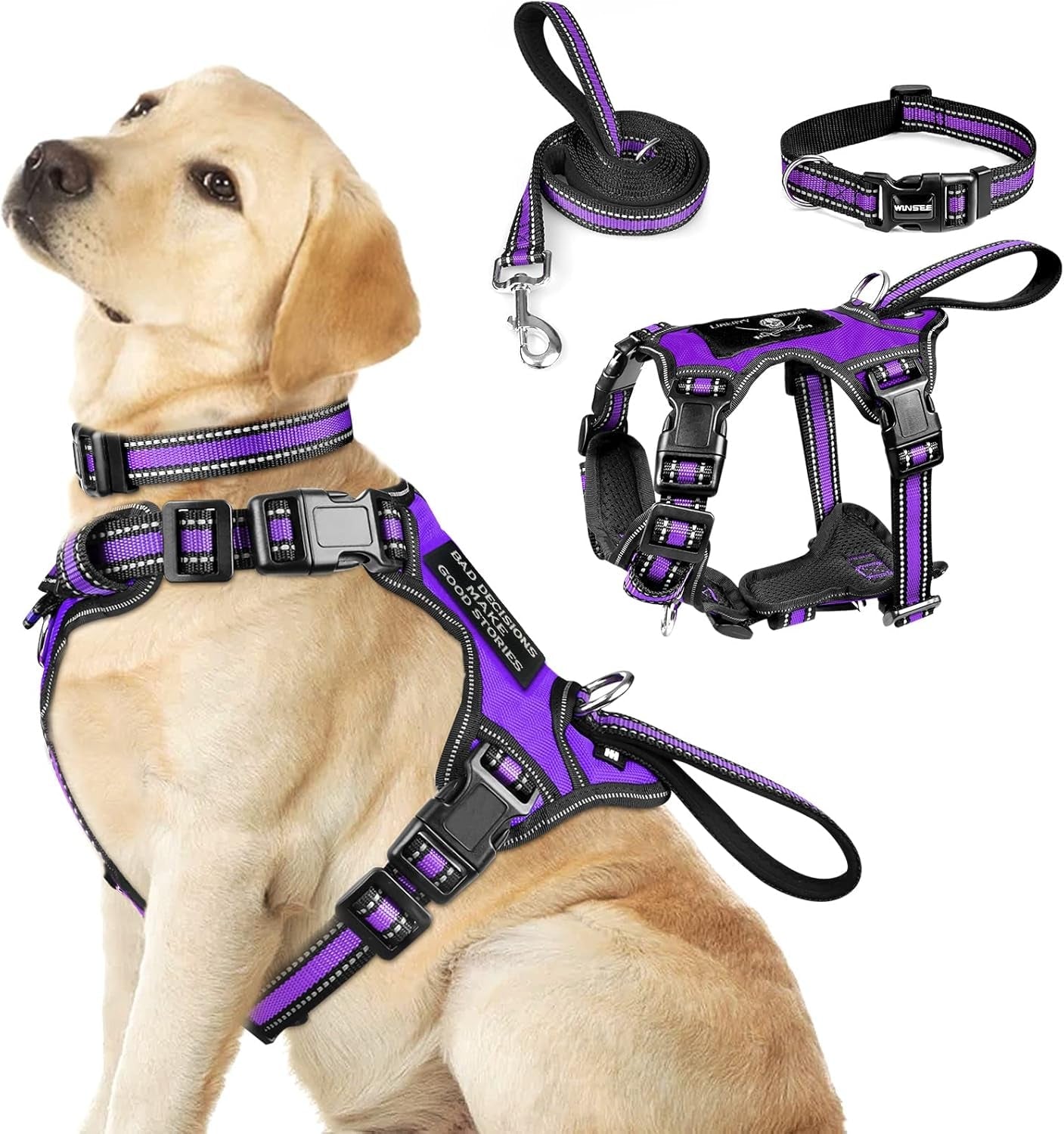 winsee-pet-harness-collar-and-leash-set-all-in-one-reflective-dog-harness-no-pull-with-adjustable-buckles-for-puppies-small-medium-large-and-extra-large-dogs-large-pink