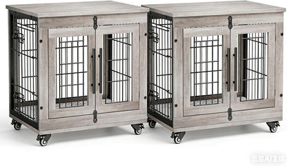 Medium Dog Crate Furniture, 32'' Heavy Duty Kennel W/Cushion & Wheels | Grey, Double Doors, Wooden Dog Cage, Chew-Resistant, End Table, Decorative, 27"/32"/38"/44" Options, Indoor18