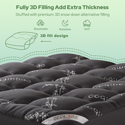 Queen Mattress Topper Viscose Bamboo, Thick Pillow Top Mattress Pad | Stretchable Pockets Fit 6”-18” Mattress, Soft Breathable Mattress Topper for Back Pain Relief and Hot Sleepers(Dark Gray)5
