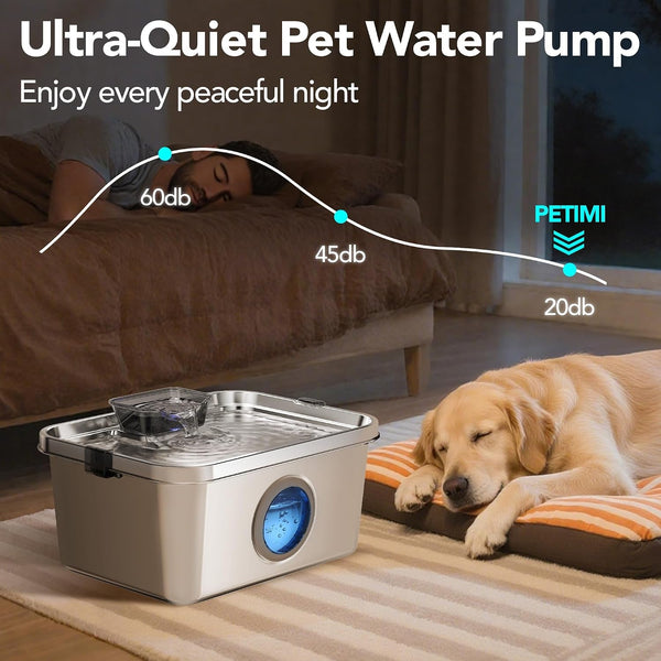 PETIMI Dog Water Fountain, 3 Gallons Stainless Steel Dog & Cat Water Fountain, Large Pet Water Fountain for Multiple Pets, Ultra Silent, Wide Mouth, Safety Lock, 3 Filters Included, Smart Water Pump6