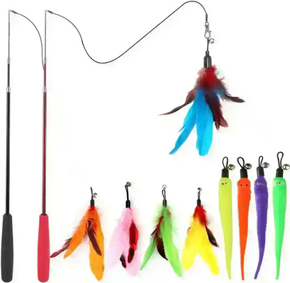 Cat feather wand toys with colorful attachments and extendable poles for interactive play1