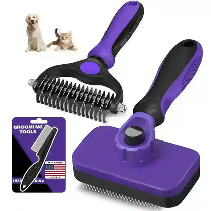 Purple and black pet grooming brushes for dogs and cats, ideal for shedding control and daily care8