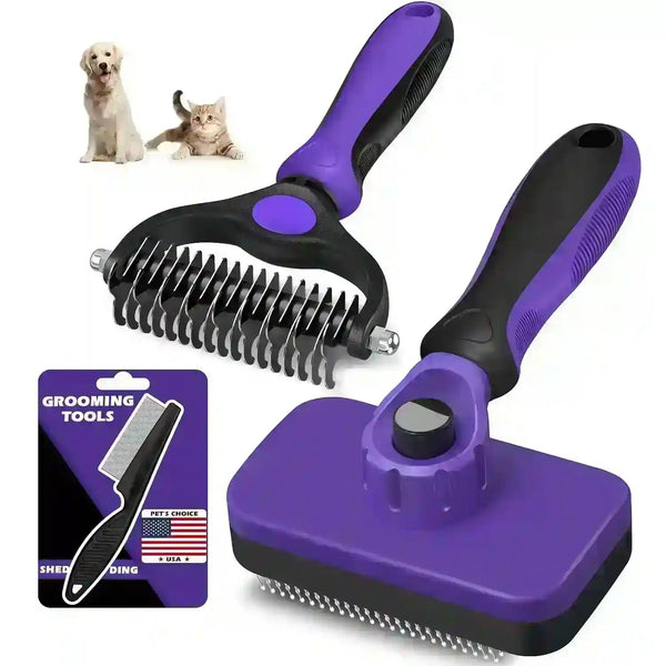 Purple and black pet grooming brushes for dogs and cats, ideal for shedding control and daily care8
