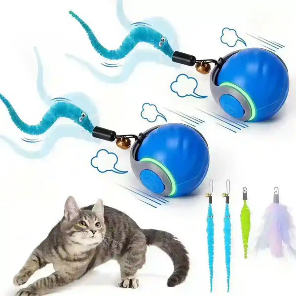 Interactive cat toy with blue ball, feather attachments, and bell for playful feline fun1
