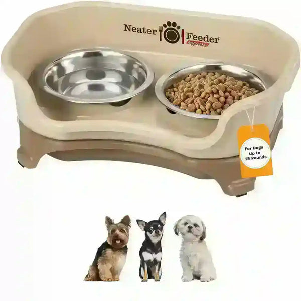 Elevated dog feeder with two stainless steel bowls for food and water, ideal for small dogs up to 15 pounds1