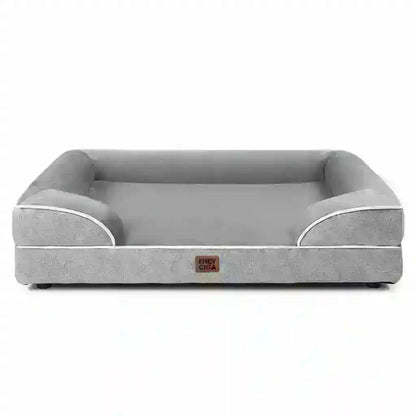 Gray dog bed with white trim and supportive sides for comfortable pet resting1