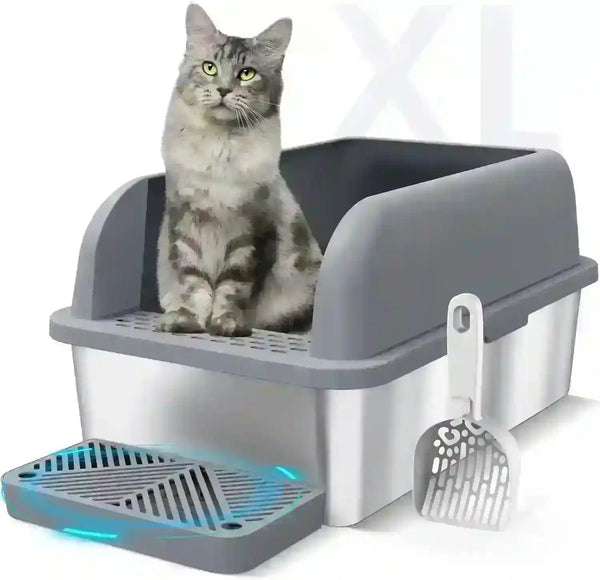 Gray tabby cat in XL covered litter box with scoop and odor control tray, ideal for cat litter essentials.1
