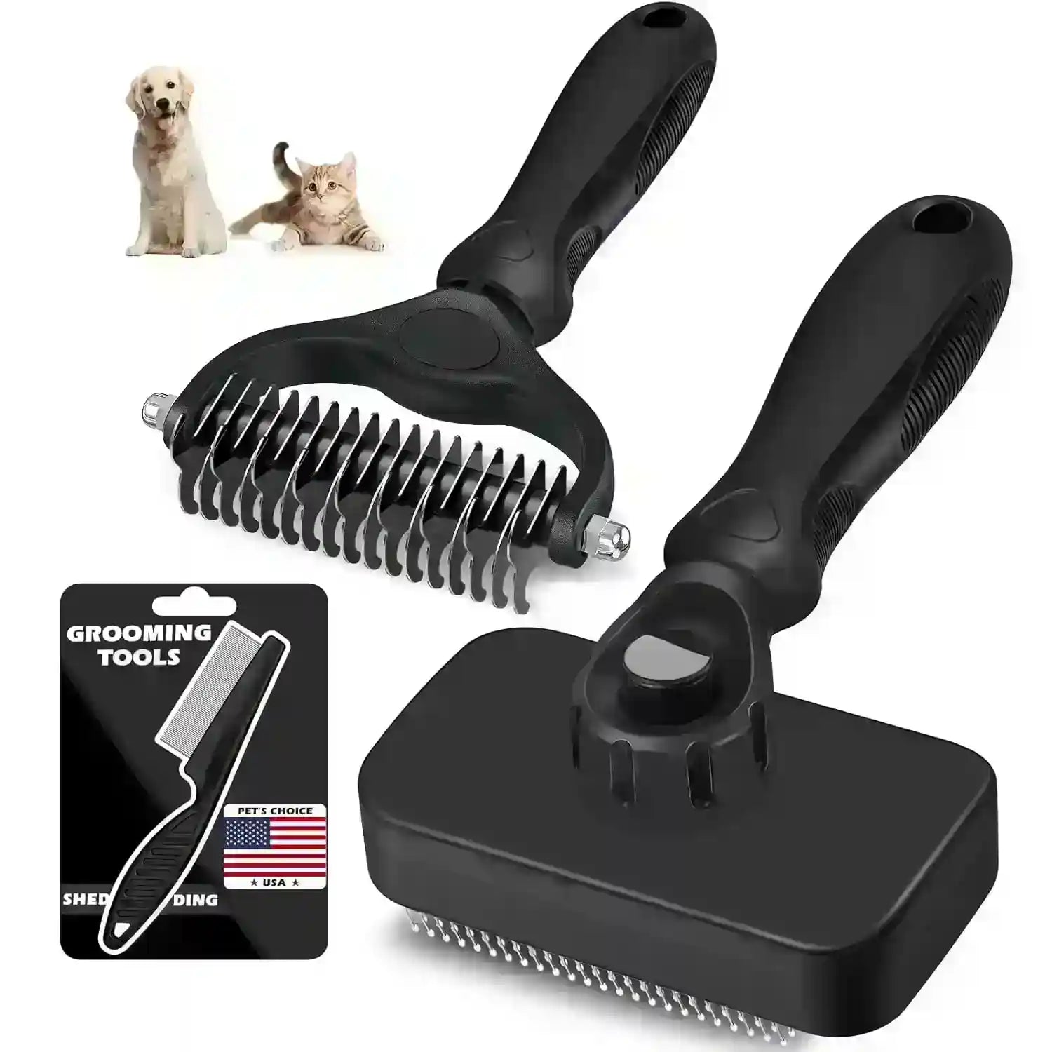 black-pet-grooming-tools-for-dogs-and-cats-including-deshedding-brush-and-slicker-brush-with-ergonomic-handles