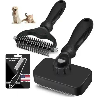 Black pet grooming tools for dogs and cats, including deshedding brush and slicker brush with ergonomic handles7