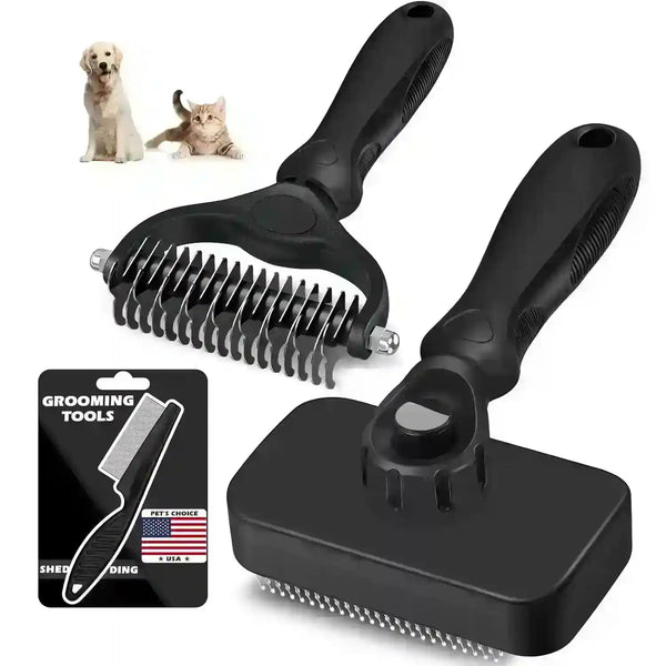 Black pet grooming tools for dogs and cats, including deshedding brush and slicker brush with ergonomic handles7
