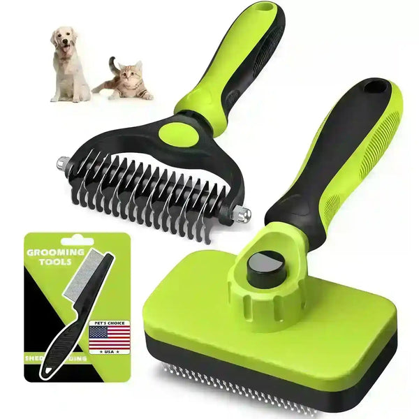Green and black pet grooming brushes for dogs and cats, includes deshedding tool and comb set9