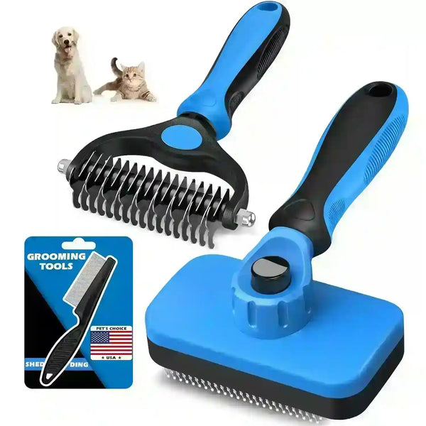Blue and black pet grooming brushes for dogs and cats, featuring deshedding tools and a flea comb1