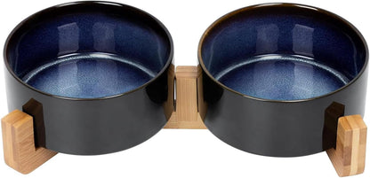 SPUNKYJUNKY Ceramic Dog and Cat Bowl with Wood Stand Non-Slip Matte Glaze Weighted Food Water Set for Cats &Small Dogs 13.5OZ21