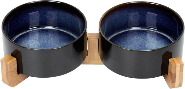 SPUNKYJUNKY Ceramic Dog and Cat Bowl with Wood Stand Non-Slip Matte Glaze Weighted Food Water Set for Cats &Small Dogs 13.5OZ21