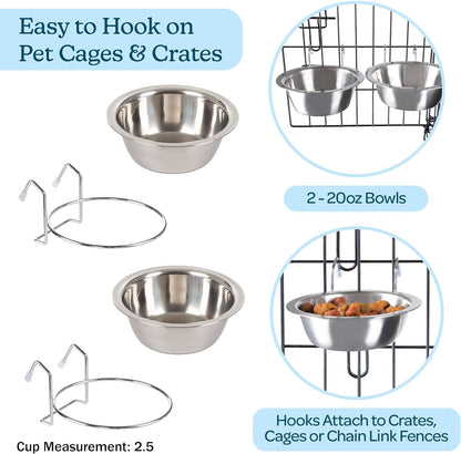 Set of 2 Stainless-Steel Dog Bowls - Cage, Kennel, and Crate Hanging Pet Bowls for Food and Water - 20Oz Each and Dishwasher Safe by Petmaker,Silver4