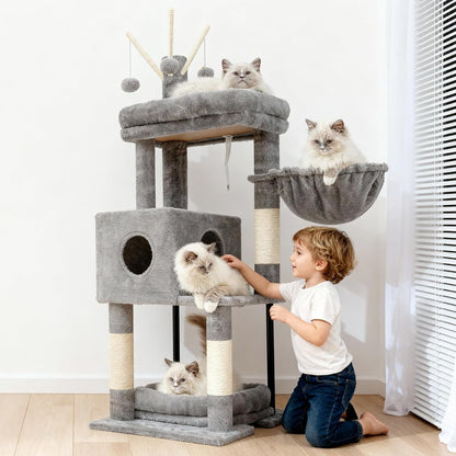 Heybly Cat Tree, 45.3-Inch Cat Tower for Indoor Cats with Large Perch, All-In-One Cat Furniture with Cozy Bed, Hidden Space Cat Condo, Comfy Hammock, Scratching Posts & 3 Pompoms, Light Gray HCT202SW2