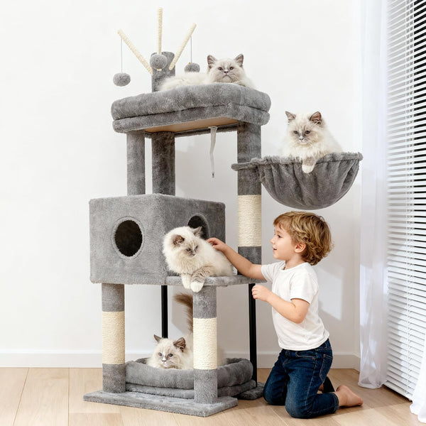 Heybly Cat Tree, 45.3-Inch Cat Tower for Indoor Cats with Large Perch, All-In-One Cat Furniture with Cozy Bed, Hidden Space Cat Condo, Comfy Hammock, Scratching Posts & 3 Pompoms, Light Gray HCT202SW2