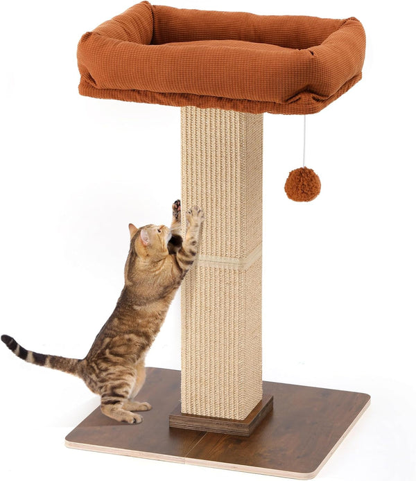 FUKUMARU Retro-Style Cat Scratching Post with Perch for Indoor Adult Cats | 28.7" Elevated Tall Cat Bed, Solid Wood Large Cat Scratcher Tower with Bed, Aesthetic Cat Tree Furniture with Natural Sisal1