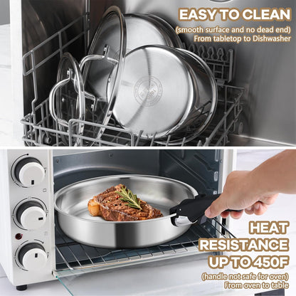 9Pcs Stainless Steel Cookware Set, 3-Ply Pots and Pans Set W/Detachable Handle & Lid, Induction Cookware Kitchen Cooking Set for RV Camping, Nontoxic Whole Clad Frying/Saute/Sauce Pan, Oven Safe9