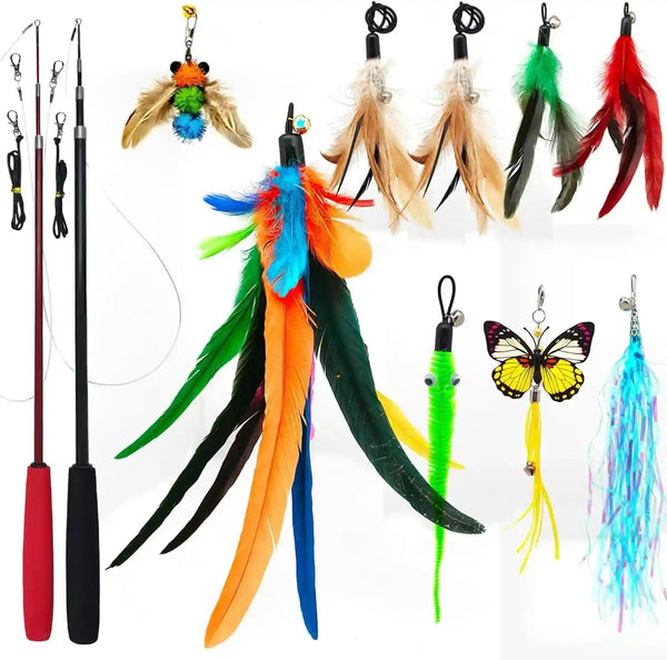 Miwoowim 2PCS Retractable Cat Teaser Wands & 9PCS Feather Refills Toy Set | Dual-Size Telescopic Rods (50" & 38"), Da Bird Feather Attachments with Bells Replacement,Interactive Fishing Pole Toys1