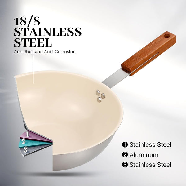 Ceramic Wok with Lid, 9.5 Inch Stainless Steel Nonstick Stir Fry Pan with Wooden Handle, Compatible with All Stovetops, PFAS Free5