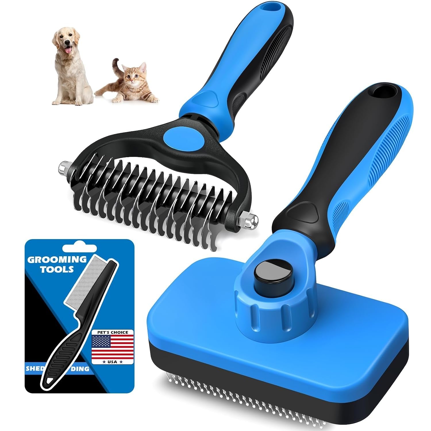 professional-3pcs-self-cleaning-slicker-brush-pet-grooming-rake-flea-comb-for-dogs-cats-and-horses-double-sided-dematting-comb-skin-friendly-deshedding-grooming-tool-pet-supplies-blue