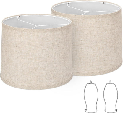 Lampshades Set of 2, Drum Lampshades 11.6" Top X 12.6" Bottom X 9.8" High,  Medium Lampshades (Spider Fitter), Beige Lampshades Natural Linen Hand Crafted, Easy Assembly Required1