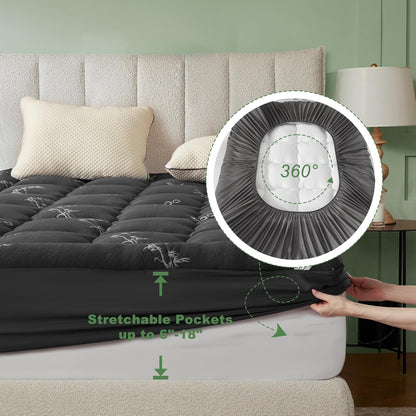 Queen Mattress Topper Viscose Bamboo, Thick Pillow Top Mattress Pad | Stretchable Pockets Fit 6”-18” Mattress, Soft Breathable Mattress Topper for Back Pain Relief and Hot Sleepers(Dark Gray)6