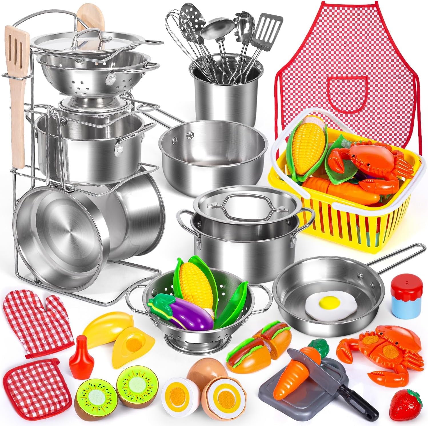 kids-pretend-play-kitchen-toys-accessories-set-32pcs-stainless-steel-toy-pots-and-pans-sets-w-rack-organizer-metal-cooking-utensils-apron-play-food-w-basket-for-kids-girls-boys-toddlers-3