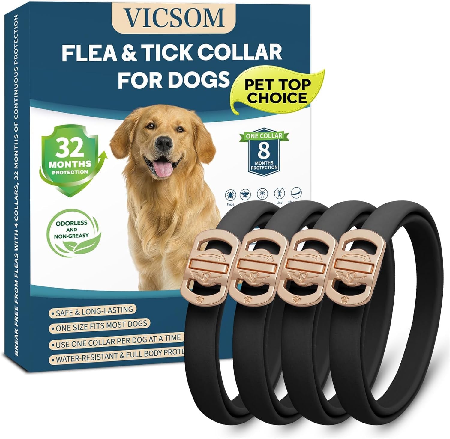 vicsom-flea-collar-for-dogs-flea-and-tick-prevention-for-dogs-4-pack-32-months-flea-and-tick-treatmen-for-puppies-and-small-medium-large-dogs-waterproof-adjustable-collars-unscented-black
