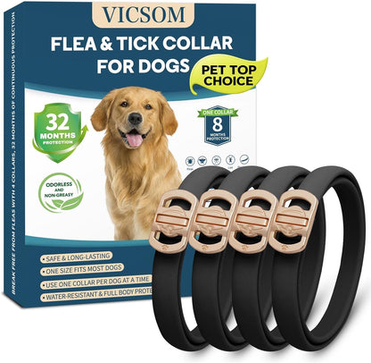 VICSOM Flea Collar for Dogs, Flea and Tick Prevention for Dogs, 4 Pack | 32 Months Flea and Tick Treatmen for Puppies and Small, Medium, Large Dogs, Waterproof Adjustable Collars, Unscented, Black1