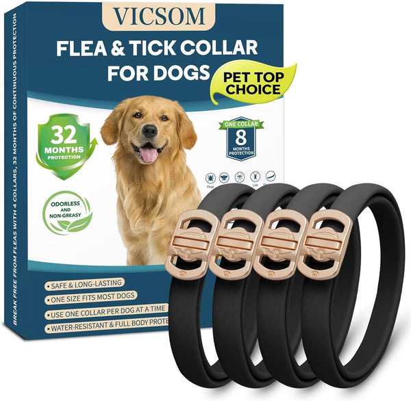 VICSOM Flea Collar for Dogs, Flea and Tick Prevention for Dogs, 4 Pack | 32 Months Flea and Tick Treatmen for Puppies and Small, Medium, Large Dogs, Waterproof Adjustable Collars, Unscented, Black1