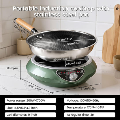 1700W 120V Concave Induction Wok Cooktop, Electric Wok Burner | Non-Pulse Heating with 9.25-Inch Coil Supports Round-Bottom Woks and Flat-Bottom Pans for Stir Fry, Soup, Noodles, Hot Pot.9