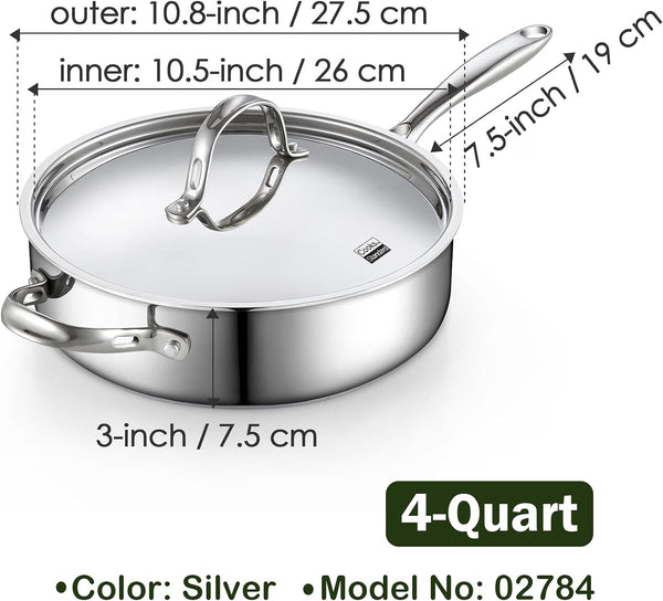 Classic 4 Quart Stainless Steel Sauté Pan with Lid, 10.5 Inch Deep Frying Pan, Induction Cookware Cooking Saute Skillet, Jumbo Cooker with Stay-Cool Handle, Dishwasher & Oven Safe2