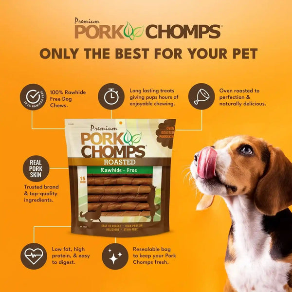 Pork Chomps Roasted Pork Skin Dog Chews, 6 Inch Twists, 15 Count - Long-Lasting Treats for Dogs - High Protein, Rawhide-Free, Low Fat, Healthy & Delicious Chews3