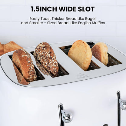 4 Slice Toaster Retro Stainless Steel with Bagel Defrost Cancel Function, 6 Browning Settings, Extre Wide Slot and Removable Crumb Tray, White, ST0332