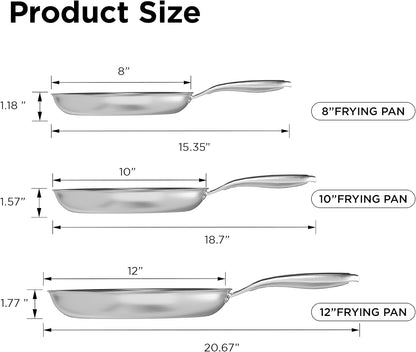 3Pc Hybrid Nonstick Frying Pans Set, 8, 10 & 12" Pans | Stainless Steel Pans,Chef'S Pan,Skillets Dishwasher & Oven Safe, Stay-Cool Handles,Induction Compatible – Metal Utensil Safe8