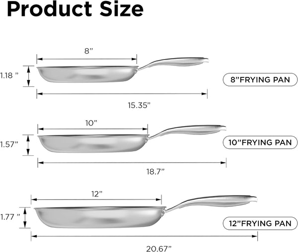 3Pc Hybrid Nonstick Frying Pans Set, 8, 10 & 12" Pans | Stainless Steel Pans,Chef'S Pan,Skillets Dishwasher & Oven Safe, Stay-Cool Handles,Induction Compatible – Metal Utensil Safe8