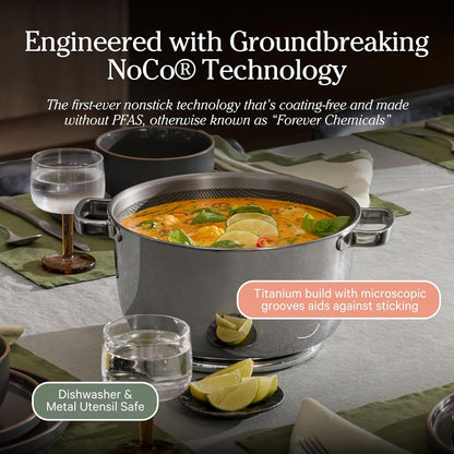 Our Place Titanium Perfect Pot Pro, 6.75 Qt Nonstick Titanium Cookware | Fully Clad Tri-Ply Steel & Aluminum Dutch Oven; Lid & Silicone Spoon Included; Induction & Oven Safe to 1000°F (750°F Gold)3