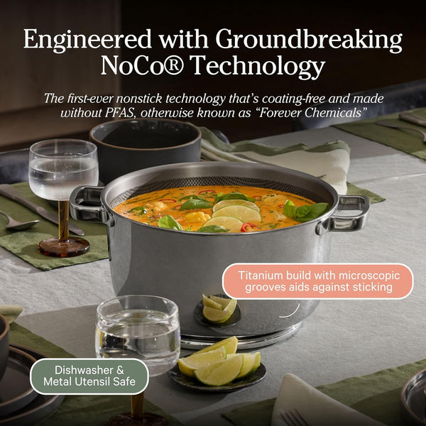 Our Place Titanium Perfect Pot Pro, 6.75 Qt Nonstick Titanium Cookware | Fully Clad Tri-Ply Steel & Aluminum Dutch Oven; Lid & Silicone Spoon Included; Induction & Oven Safe to 1000°F (750°F Gold)3