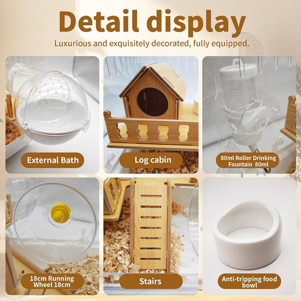 Acrylic Hamster Cage, 2-Tier Hamster Cage with Wooden Accessories for Dwarf Syrian Hamsters,14"X10"X*11" Clear Pet Mice Small Hamster Habitat Gerbils House5