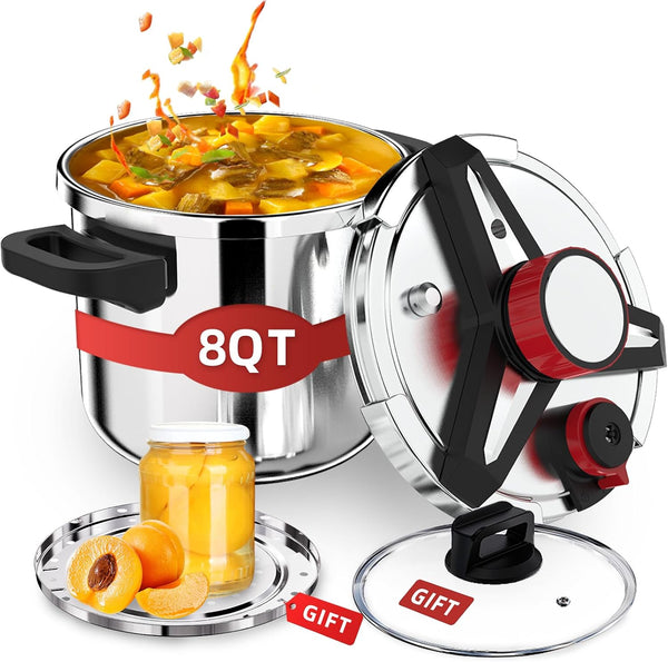 3-In-1 304 Stainless Steel Pressure Cooker 8 QT: [Save 70% Time] | [3 PSI Settings], One-Hand Locking Pressure Canner, Induction Compatible Olla De Presion, Glass Lid & Steamer Rack Included1