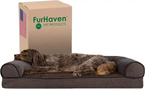 Furhaven Memory Foam Dog Bed for Medium/Small Dogs W/ Removable Bolsters & Washable Cover, for Dogs up to 35 Lbs - Luxe Faux Fur & Performance Linen Sofa - Woodsmoke, Medium21