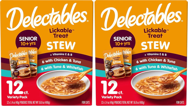 Delectables Lickable Treat Stew Senior 10+ Wet Cat Treat with Real Chicken, Food Topper, Hydrating, Grain-Free, No Fillers, No By-Products, No Added Preservatives, 1.4Oz Pouch, 12Ct12