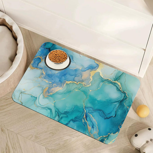 Marble Dog Cat Food Mat,Blue Teal Turquoise Gold Absorbent Pet Feeding Mat with Rubber Backing,Non-Slip Water Bowl Placemat,Indoor Pet Accessories Supplies 12"X20"1
