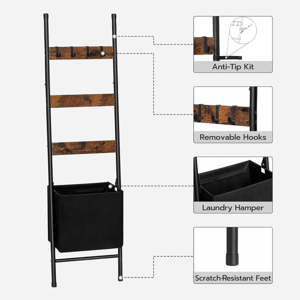 Blanket Ladder with Basket, 17.3”L X 63.4”H, Towel Rack with Hooks, Blanket Holder Rack, Decorative Ladder Shelf, Drying and Display Rack for Bathroom, Living Room, Rustic Brown BF31CJ015