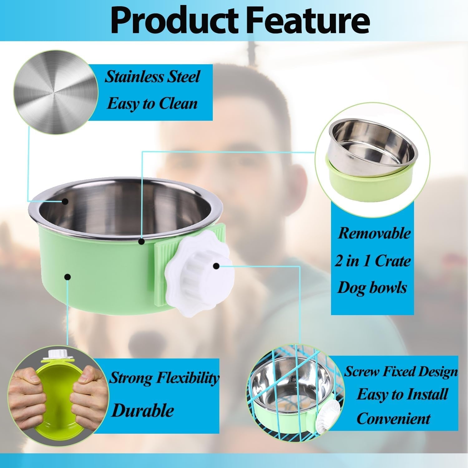 mechpia-2-pieces-crate-dog-bowl-removable-stainless-steel-pet-kennel-hanging-food-water-feeder-bowl-cage-coop-cup-for-puppy-medium-dog-cat-rabbit-ferret-bird-blue-green