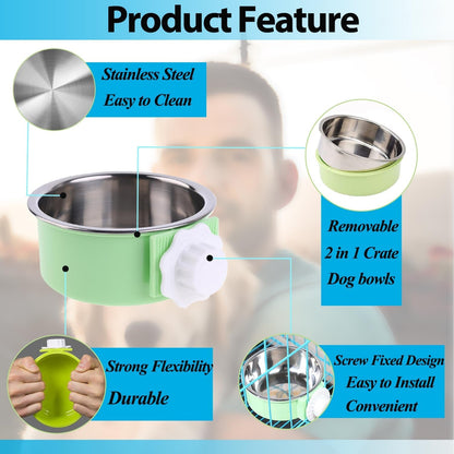 Mechpia 2 Pieces Crate Dog Bowl, Removable Stainless Steel Pet Kennel Hanging Food Water Feeder Bowl Cage Coop Cup for Puppy Medium Dog Cat Rabbit Ferret Bird (Blue,Green)2